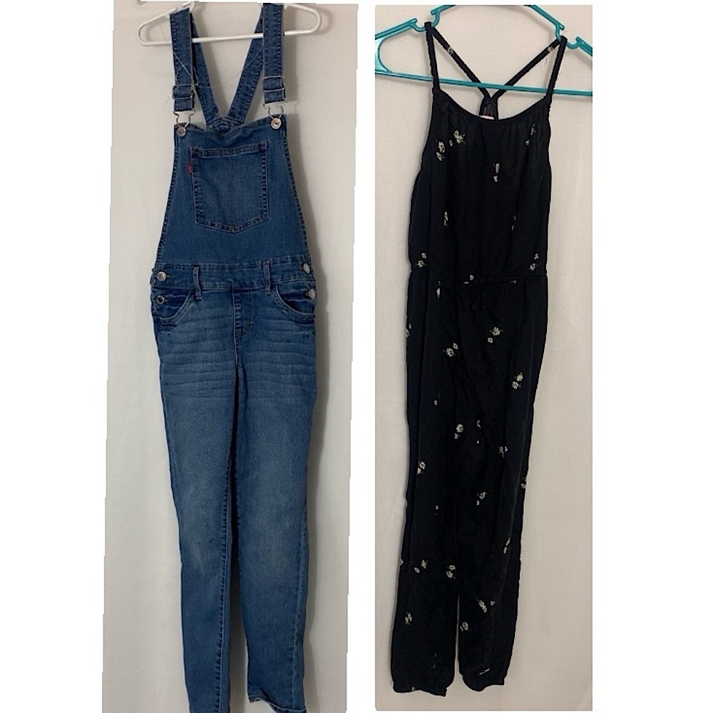 2 girls size 10 overalls. One Levi’s one stretchy black with sunflowers.